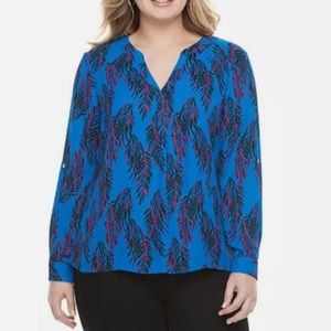 Candie's Tropical Leaf Print Longsleeve Shirt Top‎ Art To Wear Office Boho